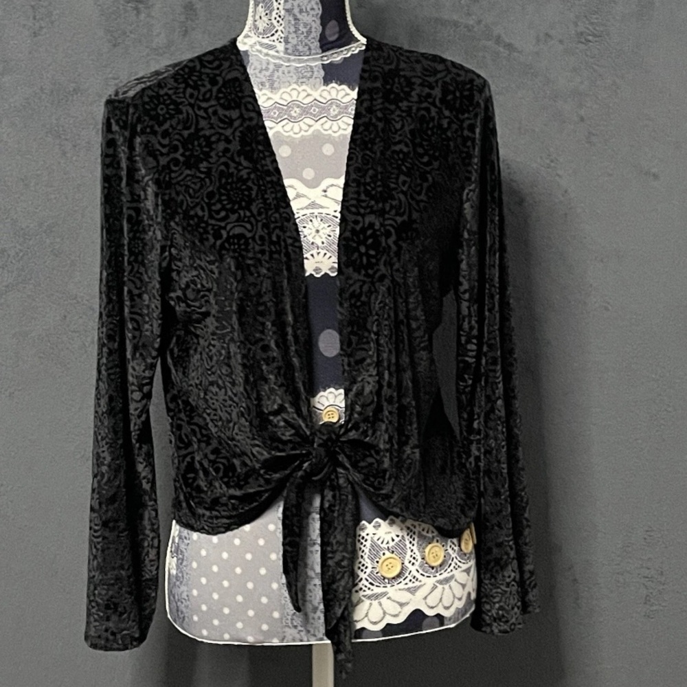 Elementz Bolero Shrug Womens L Black Burnout Velvet Tie Front Y2K Whimsigoth